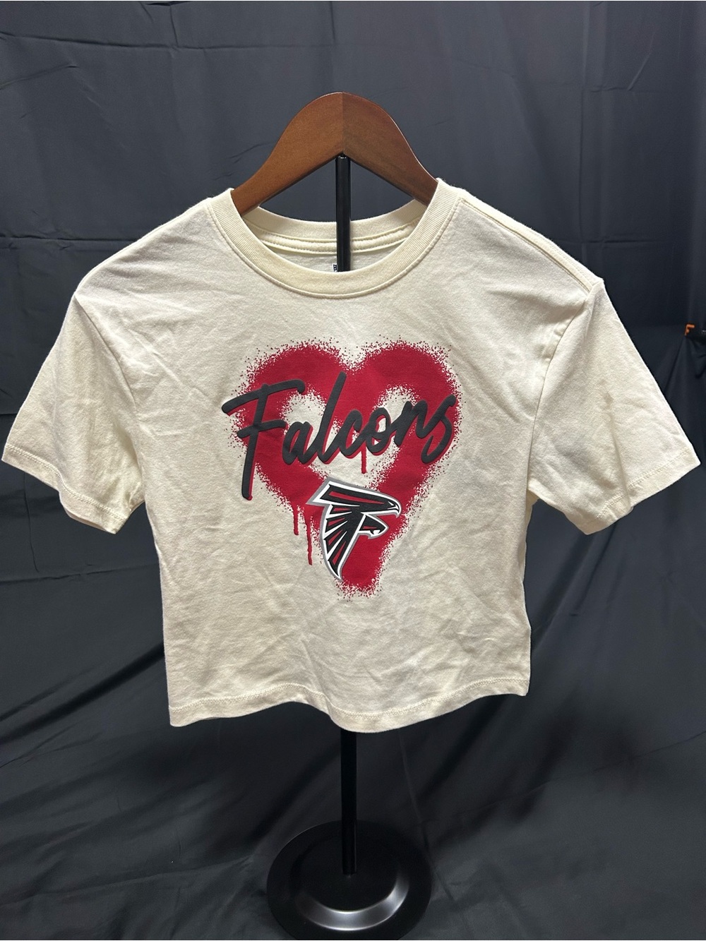 NFL Falcons Cream Short Sleeve Tee with Red Heart Graphic